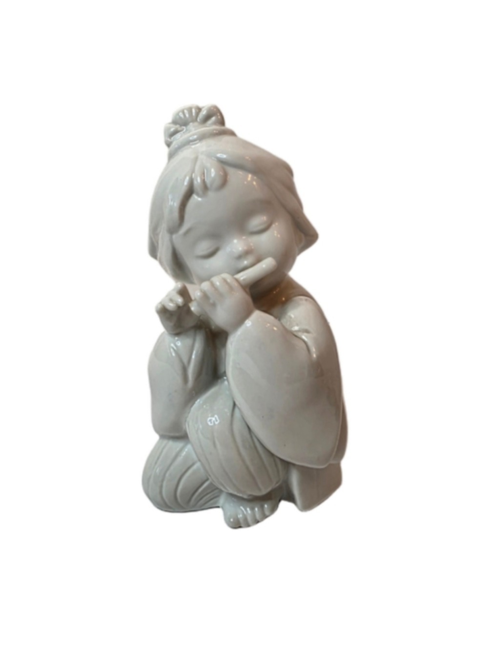 Vintage Enesco White Porcelain Asian Child Playing Flute Figurine 6"